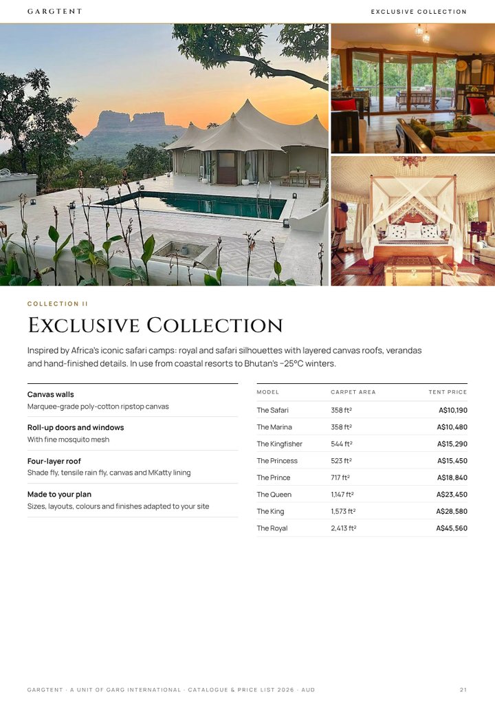 Exclusive Collection page of the GargTent catalogue