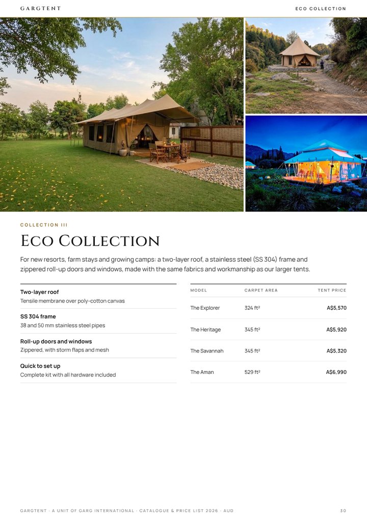 Eco Collection page of the GargTent catalogue