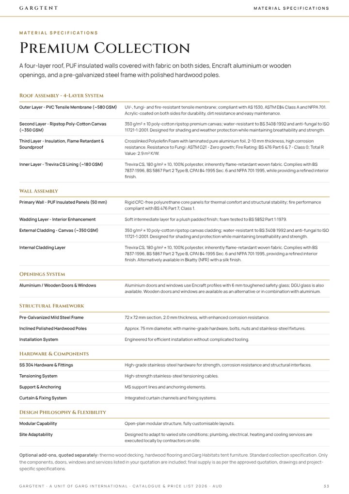 Material specifications page of the GargTent catalogue